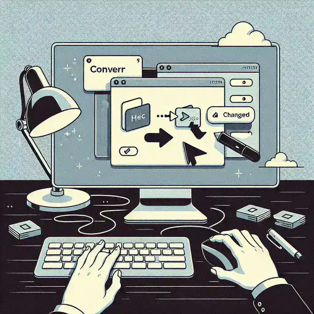 "Ilustrasi langkah-langkah mengubah format HEIC ke JPG dengan mudah dan cepat, menampilkan perangkat lunak konversi dan hasil akhir gambar dalam format JPG."